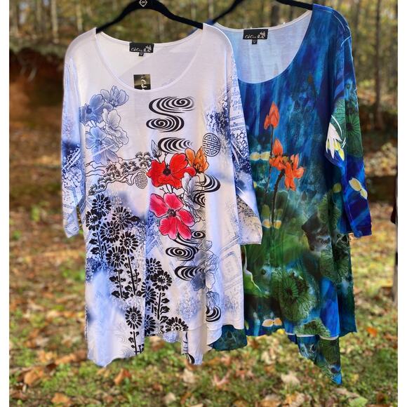 2 CSC STUDIO Abstract Floral Tunic Top Shirt White Blue SZ 1X C100142 - Picture 1 of 7